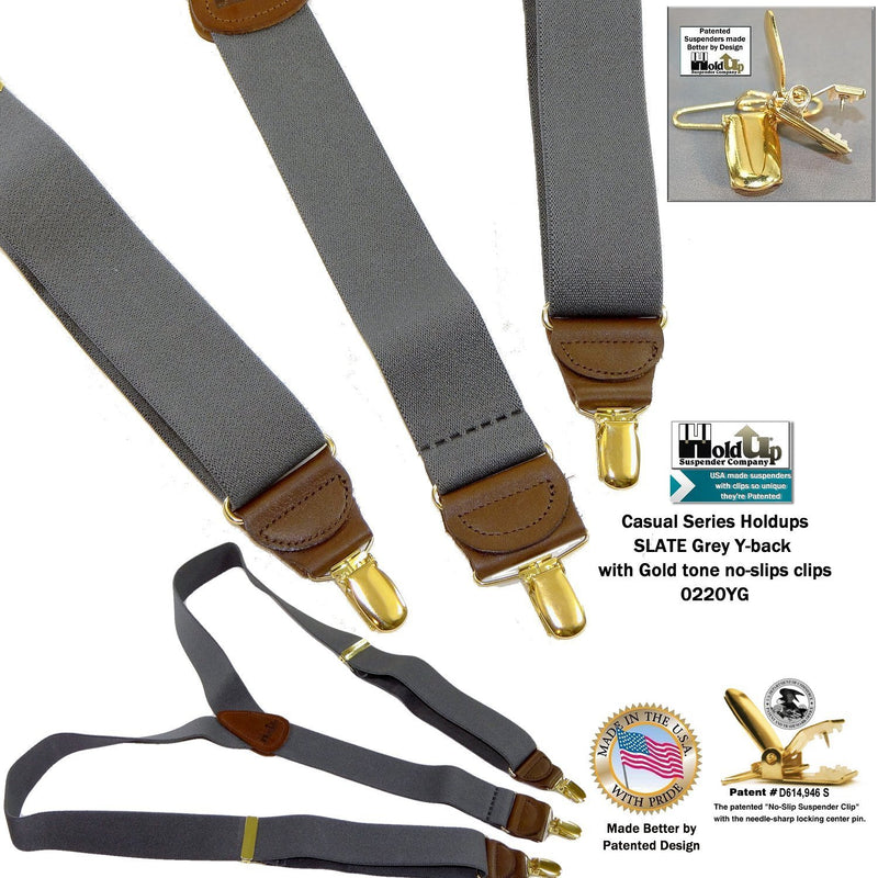 [Australia] - Holdup Suspender Company Slate Grey Men's Y-back Clip-on Suspenders in 1 1/2" width featuring Patented No-slip Gold-Tone Clips 