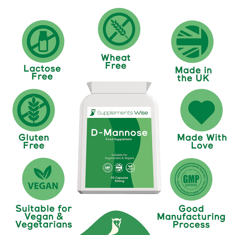 [Australia] - Supplements Wise D-Mannose Capsules - 500mg x 180 - Cystitis Treatment for Women and Men - Urinary Tract, UTI and Bladder Support - 1500mg Dmannose Powder Per Serving - Water Infection Relief 180 Count (Pack of 1) 