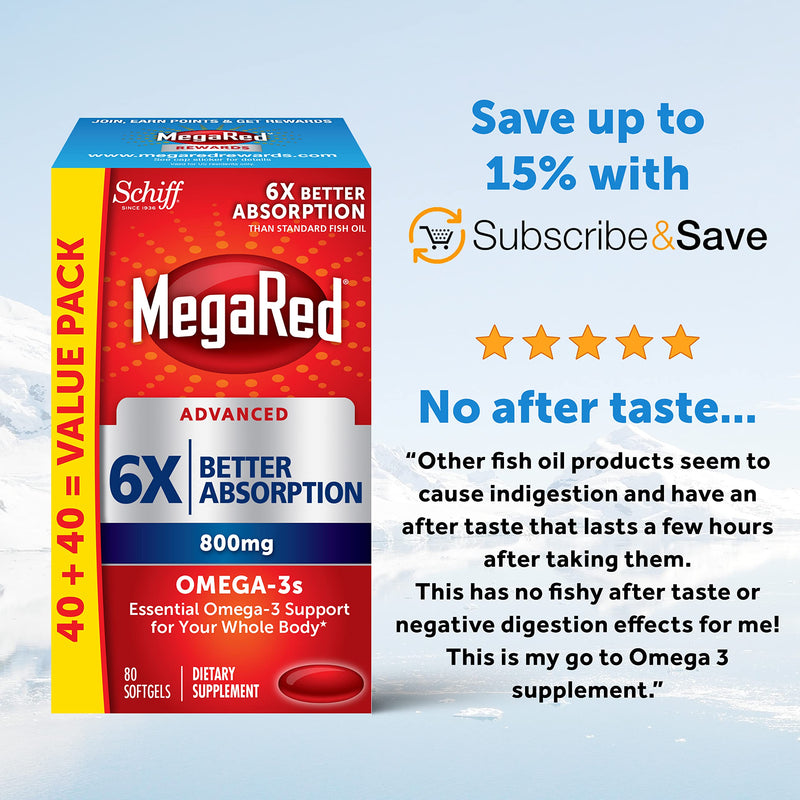 [Australia] - Omega 3 Fish Oil Supplement 800mg (per Serving), MegaRed Advanced 6X Absorption EPA & DHA Omega 3 Fatty Acid Softgels (80cnt Box), Phopholipids, Supports Brain Eye Joint & Heart Health 80 Count (Pack of 1) 