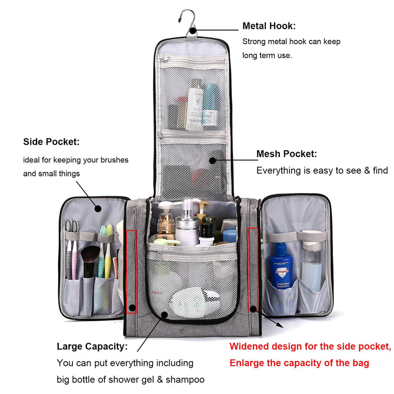 [Australia] - large capacity Hanging Travel Toiletry Bag for Men and Women Waterproof Makeup Organizer Bags wash bag Shaving Kit Cosmetic Bag for Accessories, Shampoo,Bathroom Shower, Personal Items Grey/Black 