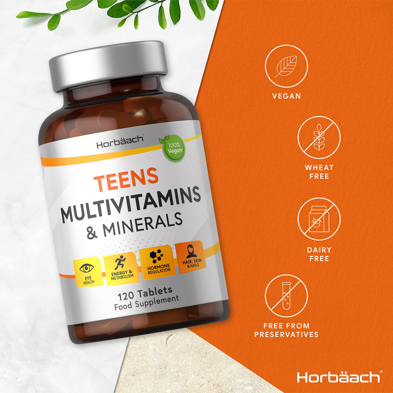 [Australia] - Teen Multivitamin | 120 Vegan Tablets | Immune System Booster | with Vitamins B, D, and E, Calcium, Iron and Zinc | Supplement for Teenage Boys and Girls | by Horbaach 