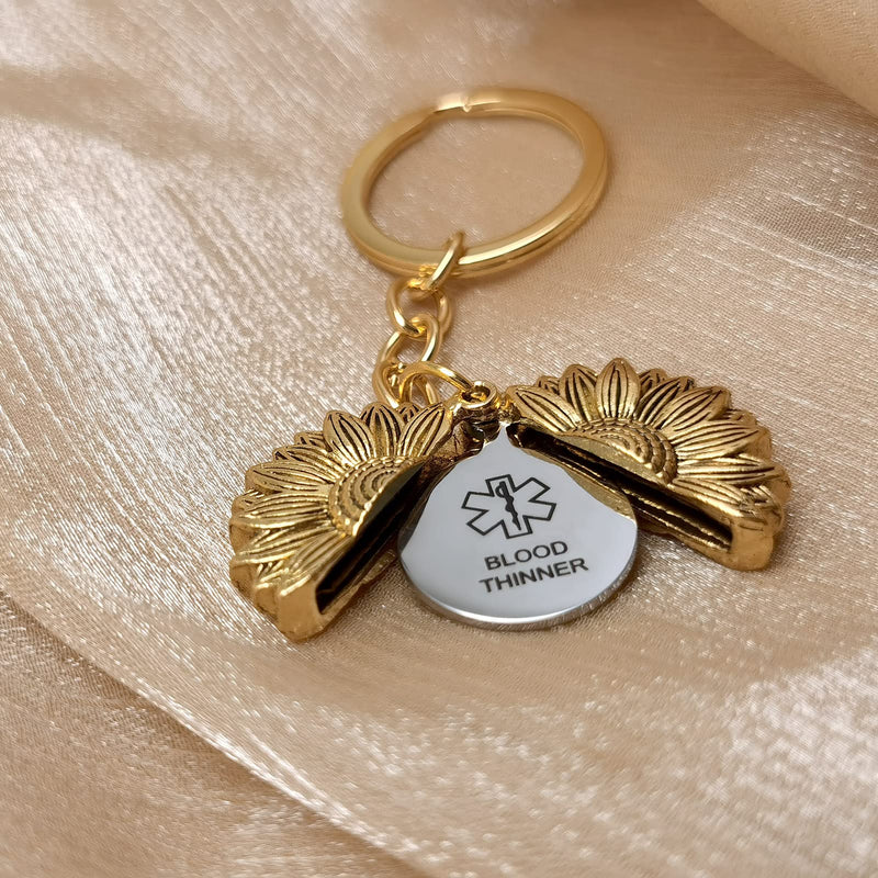 [Australia] - LuxglitterLin Heart Shape 316L Medical ID Alert Keychain for Men Women Laser Engraved Keyring SOS Emergency Sunflower type 2 diabetic(gold) 