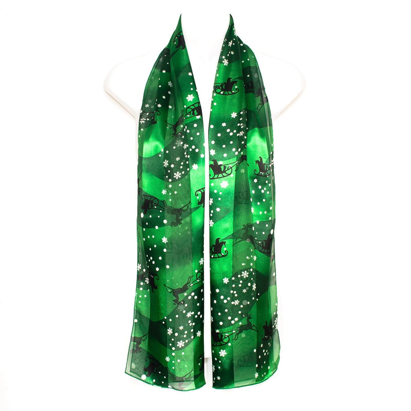 [Australia] - HatToSocks Christmas Snowflakes Santa on Sleigh Chiffon Satin Scarf Green 