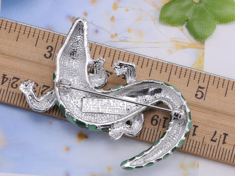 [Australia] - Alilang Green Silvery Tone Crawling Alligator Crocodile Reptile Body Brooch Pin 