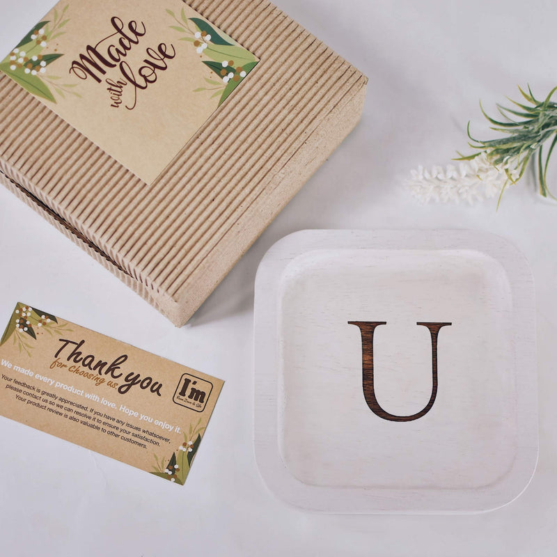 [Australia] - Solid Wood Personalized Initial Letter Jewelry Display Tray Decorative Trinket Dish Gifts For Rings Earrings Necklaces Bracelet Watch Holder (6"x6" Sq White "U") 6"x6" Sq White "U" 