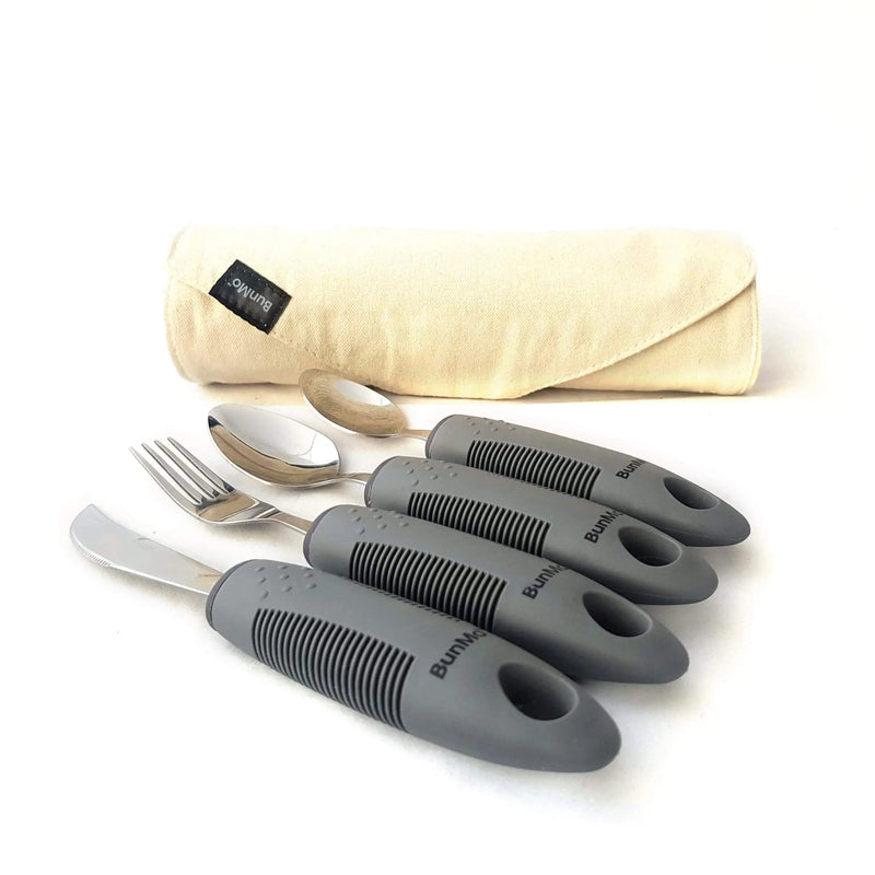 [Australia] - BunMo Adaptive Utensils for Elderly/Arthritis/Weak Hand Grip & Handicapped - Convenient Travel Pouch (4 Piece Set) 4 Piece Set 