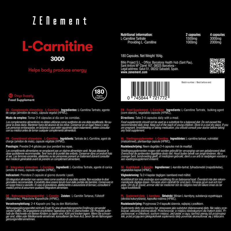 [Australia] - L-Carnitine, 3000mg per dose, 180 Capsules | Helps The Body Produce Energy | Improve Sports Performance and The Efficient Metabolization of Fat | Vegan, Gluten Free | Zenement 