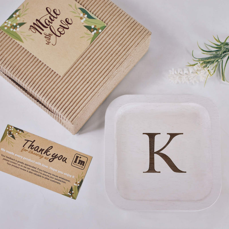 [Australia] - Solid Wood Personalized Initial Letter Jewelry Display Tray Decorative Trinket Dish Gifts For Rings Earrings Necklaces Bracelet Watch Holder (6"x6" Sq White "K") 6"x6" Sq White "K" 