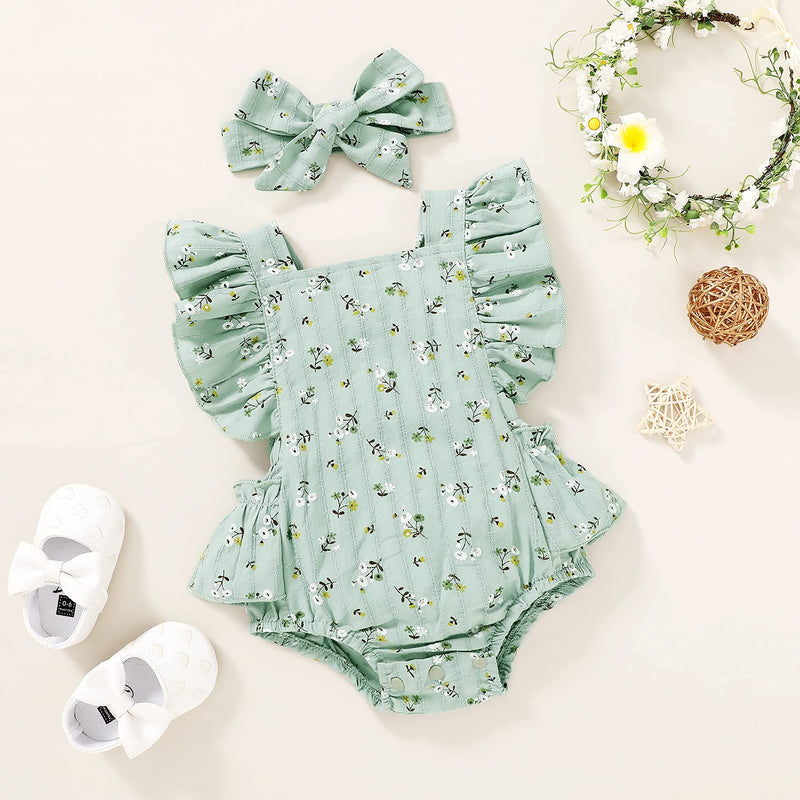 [Australia] - Infant Baby Girl Romper Ruffle Jumpsuit Bodysuit Newborn Girl Outfits Floral Summer Clothes with Headband Green 3-6 Months 