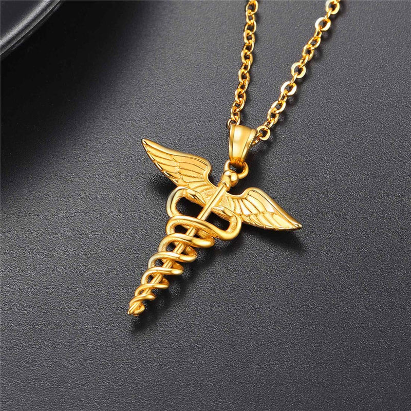 [Australia] - U7 Nurse RN Caduceus Necklace MD Gift Stainless Steel Nursing Angel Pendant, Chain 22" gold 