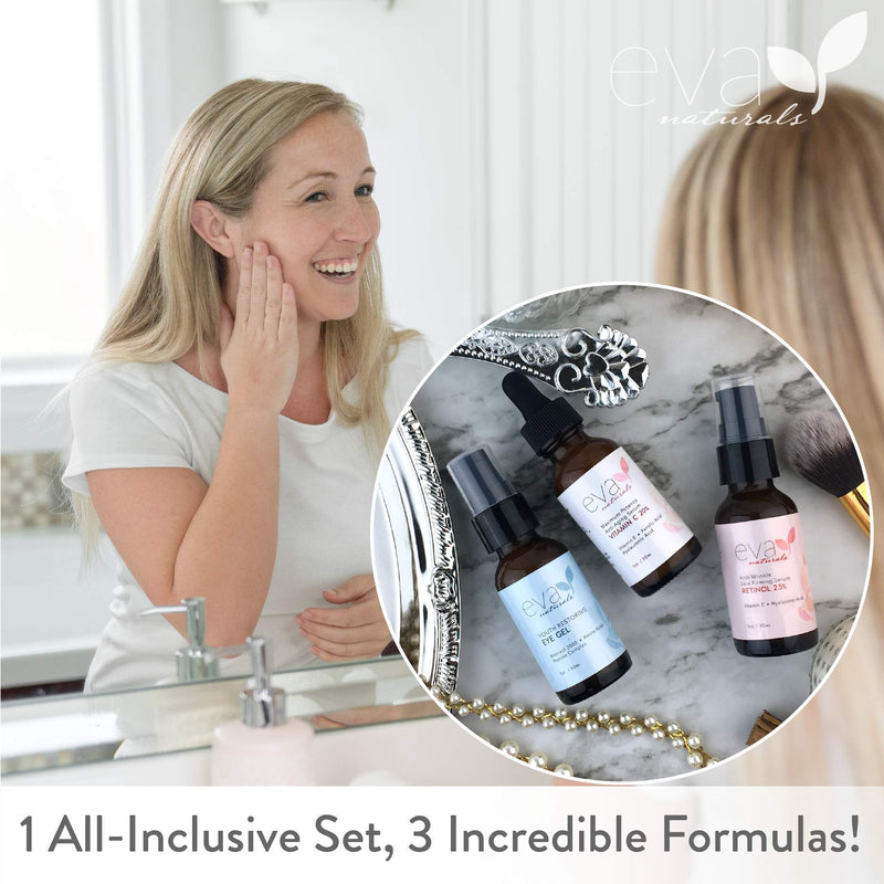 [Australia] - Eva Naturals Facelift in a Bottle - 3-in-1 Anti-Aging Set with Retinol Serum, Vitamin C Serum and Eye Gel - Formulated to Reduce Wrinkles, Fade Dark Spots and Treat Under-Eye Bags - Premium Quality 