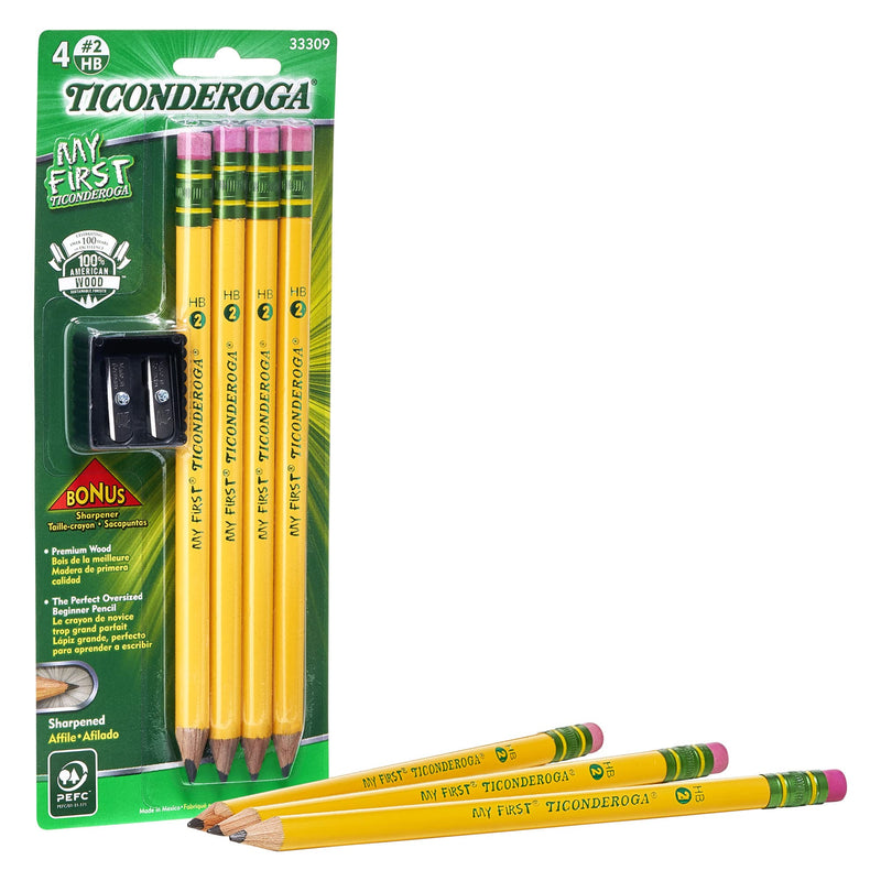 [Australia] - TICONDEROGA My First Pencils, Wood-Cased #2 HB Soft, Pre-Sharpened with Eraser, Includes Bonus Sharpener, Yellow, 4-Pack (33309) 4 Count w/ Sharpener 