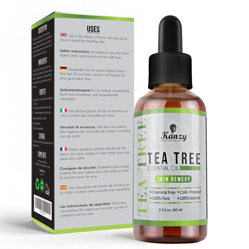 [Australia] - Kanzy Tea Tree Oil for Skin 60ml Treatment for Hair, Face, Acne Blemishes, & Nails Natural Vegan Organic Tea Tree Essential Oil 