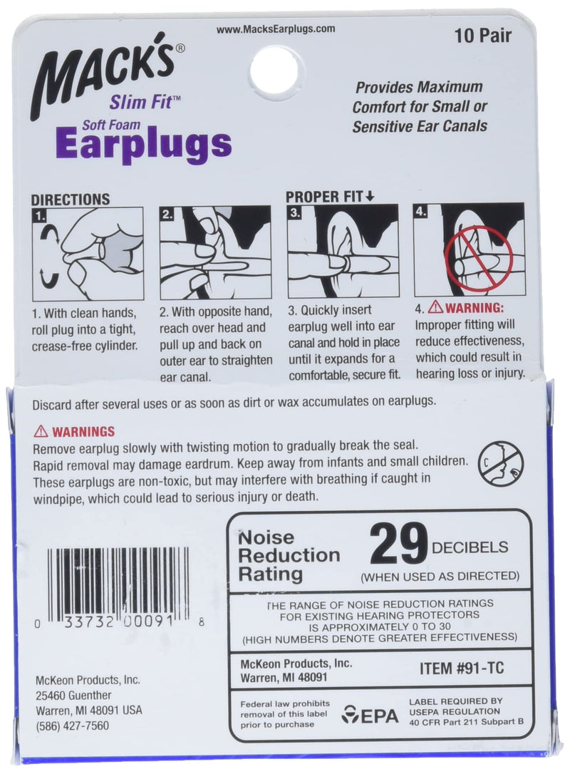 [Australia] - Mack's Slim Fit Soft Foam Earplugs, 10 Pair - Small Ear Plugs for Sleeping, Snoring, Traveling, Concerts, Shooting Sports and Power Tools 