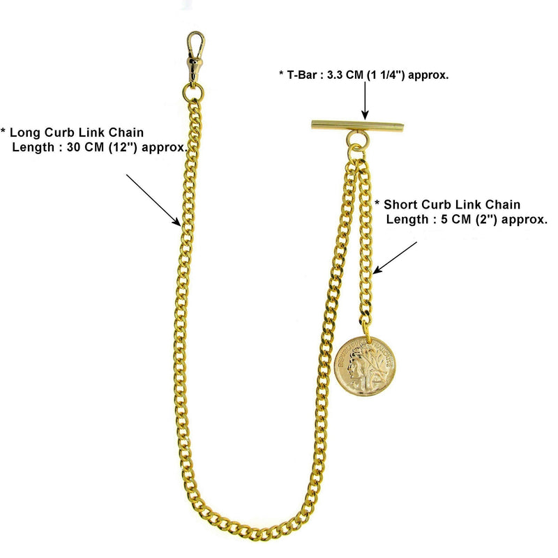 [Australia] - WATCHVSHOP Albert Chain Gold Tone Pocket Watch Chain Vest Chain for Men Fob T Bar with Swivel Clasp and Ancient France Coin Design Medal Charm Fob AC78A 