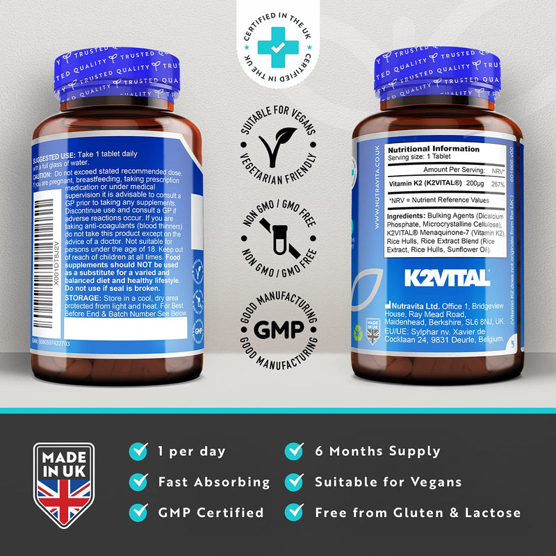 [Australia] - Vitamin K2 Vital® MK7 200mcg (Clinically Proven Ingredient) - 180 Vegan Micro Tablets (Not Capsules) - Maintenance of Normal Bones - High Strength Menaquinone MK7 - Made in The UK by Nutravita 