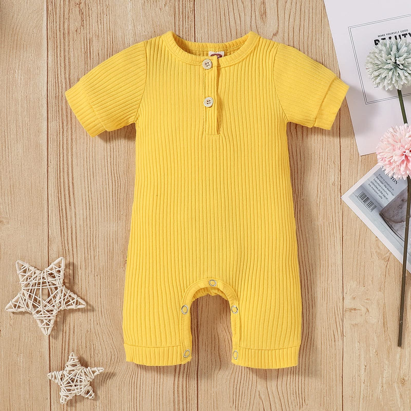 [Australia] - CETEPY Baby Boy Girl Romper Clothes Newborn Unisex Knit Ribbed Bodysuit Infant Playsuit Summer Short Onesie Bright Yellow 0-3 Months 