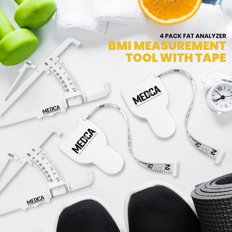 [Australia] - Body Tape Measure and Skinfold Caliper for Body - 4 Piece Set - Skin Fold Body Fat Analyzer and BMI Measurement Tool, White 