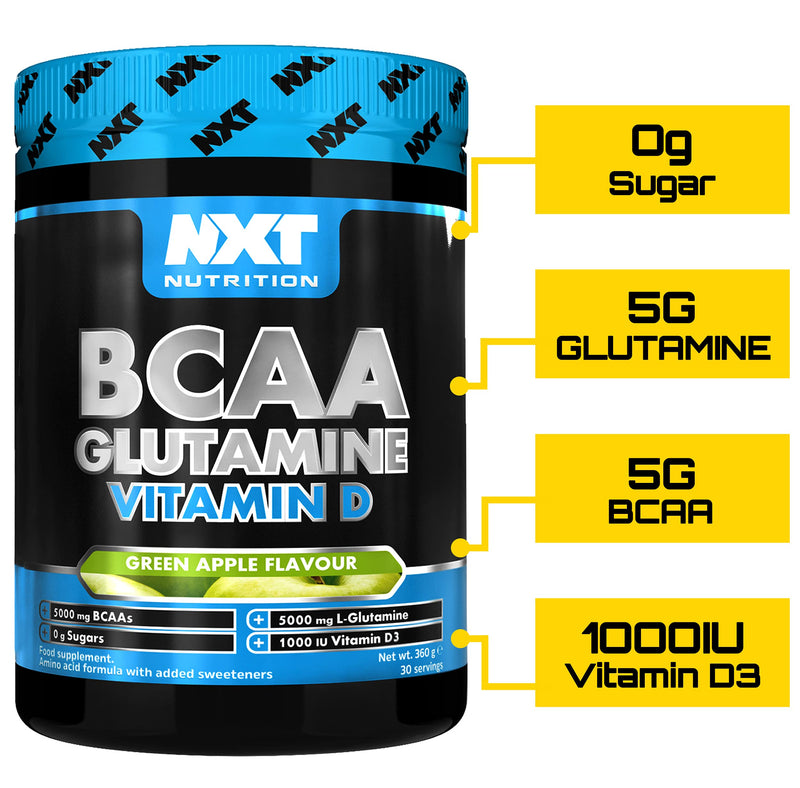 [Australia] - NXT Nutrition BCAA, Glutamine & Vitamin D | BCAAs Amino Acids with Vitamin D3 and L-Glutamine - for Recovery, Gut Health and Muscle Protein Synthesis | 360g - 30 Servings (Apple) 