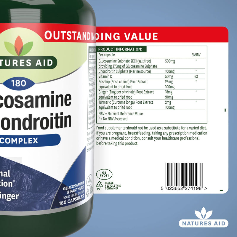[Australia] - Natures Aid Glucosamine and Chondroitin Complex, with Vitamin C, Rosehip, Ginger and Turmeric, 180 Capsules 