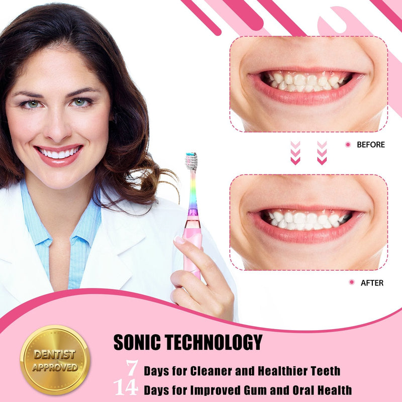 [Australia] - Dada-Tech Kids Electric Toothbrush, Sonic Childrens Battery Powered Soft Tooth Brush with Timer for Junior Boys and Girls Ages 3+, Rainbow Flashing LED Light, Waterproof, 3 Brush Heads (Pink) Pink 