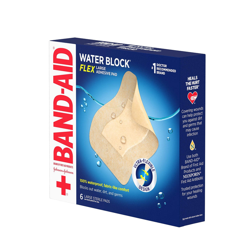 [Australia] - Band-Aid Brand Water Block Flex Large Adhesive Pads, 100% Waterproof Bandage Pads for First-Aid Wound Care of Minor Cuts, Scrapes & Wounds, Ultra-Flexible Design, Sterile, Large, 6 ct 