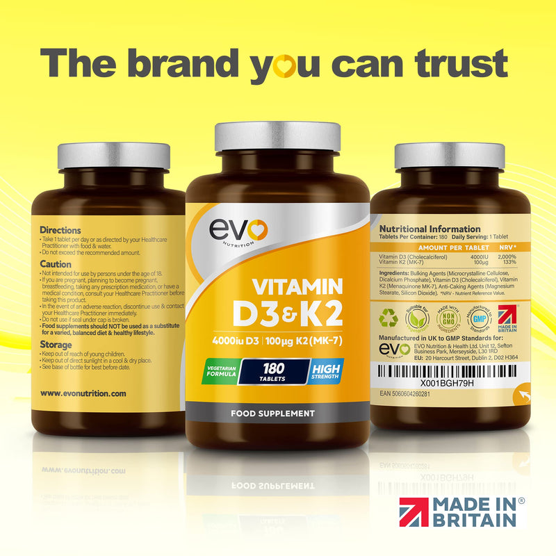[Australia] - Vitamin D3 4000iu & Vitamin K2 100ug (MK7) - 180 Vitamin D3 K2 Vegetarian Tablets - 6 Month Supply - High Strength D3 and K2 Vitamin - Vitamin D K2 Supplement - Made in The UK 