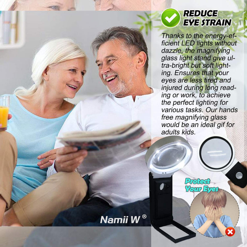 [Australia] - Magnifying Glass with Light and Stand Hands Free, LED Lighted Magnifier Adjustable Folding, Illuminated Magnifying Glass Portable for Reading, Exploring, Hobbies & Crafts 6X 25X 