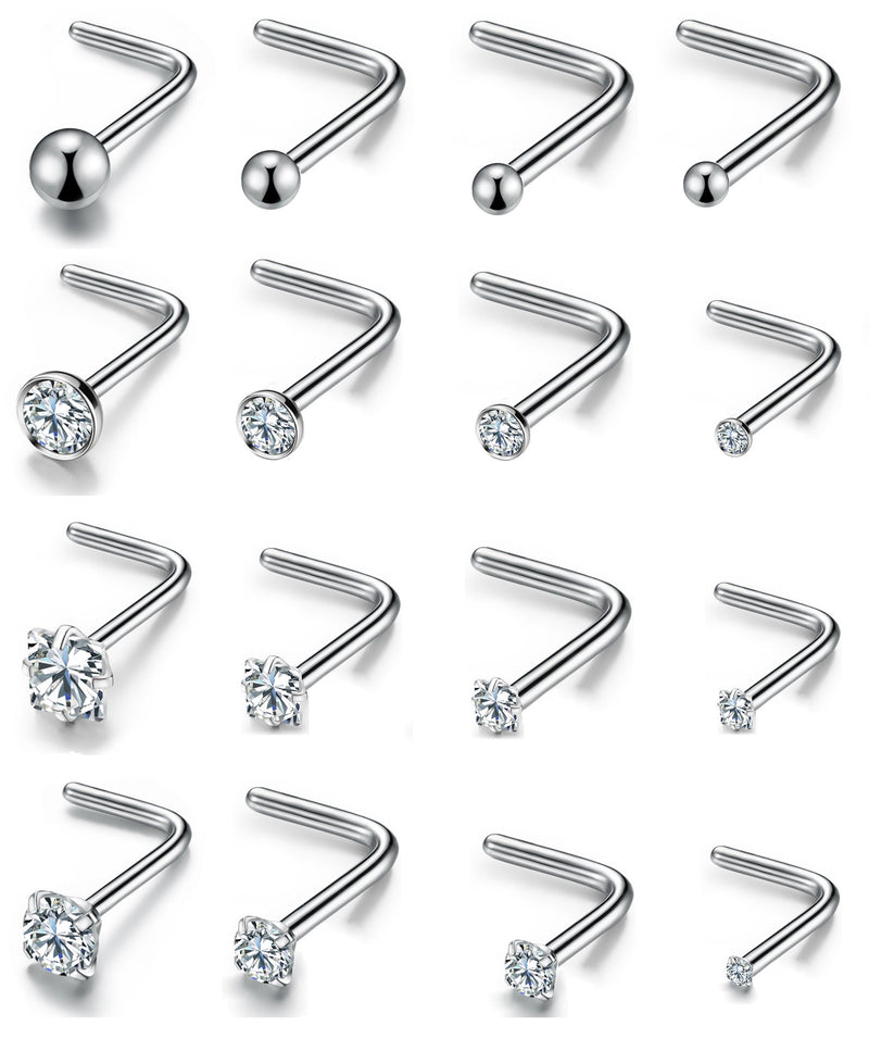 [Australia] - 20G 16Pcs Stainless Steel Stud Nose Ring CZ L Shape Nose Body Piercing for Womens Mens 6.5 Millimeters 20G, L 