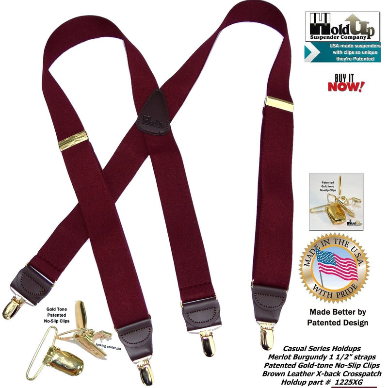 [Australia] - HoldUp Brand Merlot Burgundy X-back Suspenders with patented No-Slip Gold-tone center pin clips 