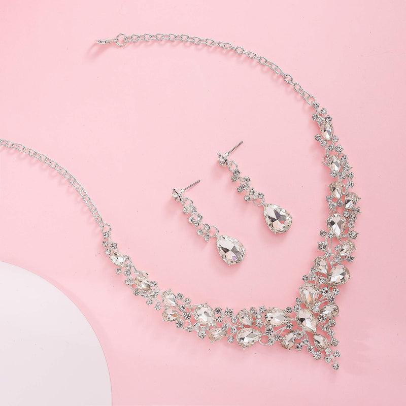 [Australia] - Paxuan Silver Wedding Bridal Prom Crystal Rhinestone Necklace Earrings Bracelet Tiaras Crown Jewelry Sets for Bride Bridesmaid Wedding Dress White-Necklace + Earrings + Bracelet + Tiaras 