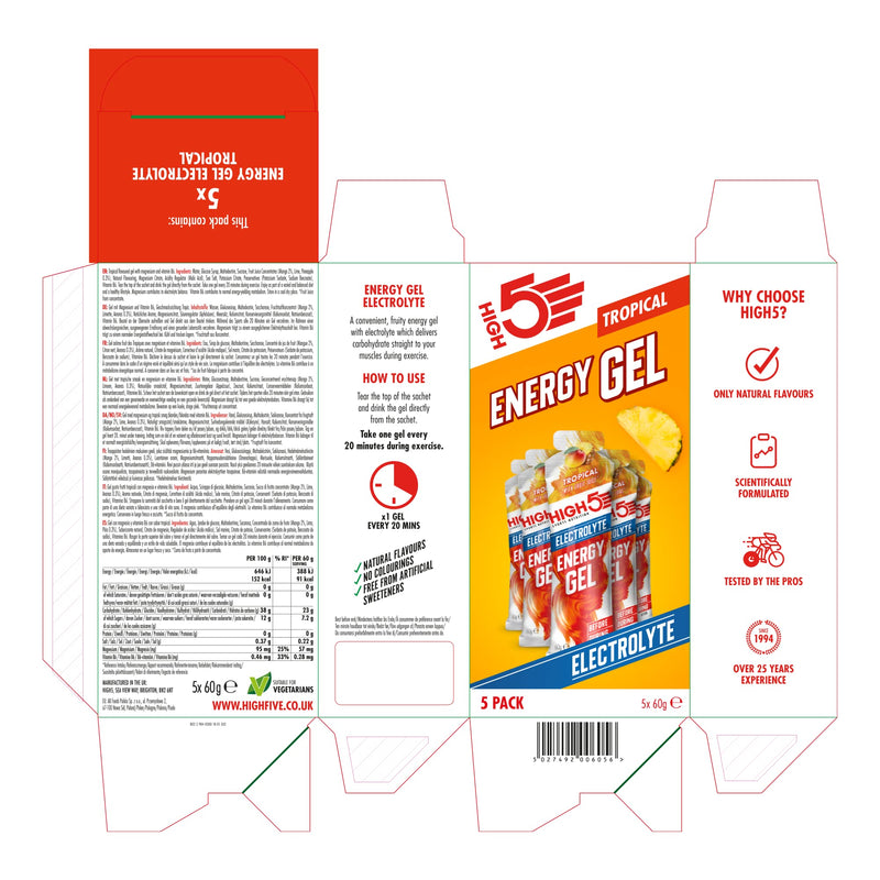 [Australia] - HIGH5 Energy Gel with Electrolytes | Quick Release Energy On The Go | 23 g Carbs | 57mg Magnesium | Great Taste | (Tropical, 5x60g) Tropical 5 x 60 g 