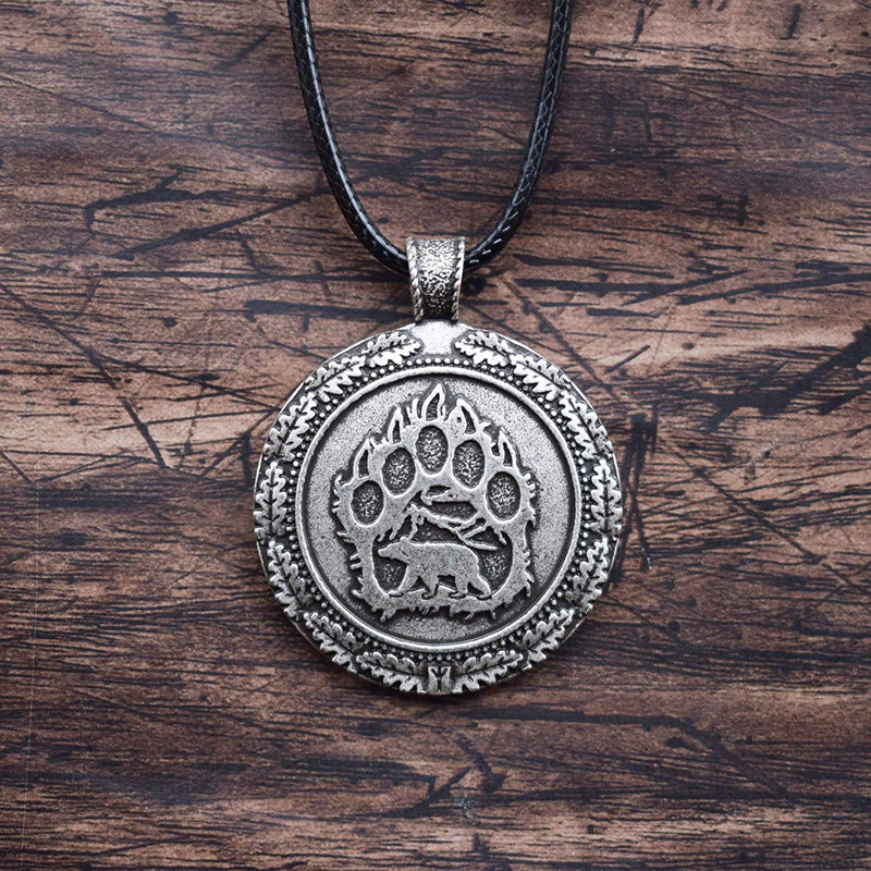 [Australia] - HAQUIL Bear Paw Necklace - Metal Alloy, Viking Bear Paw Medallion Pendant - PU Leather Cord, 19.7" 