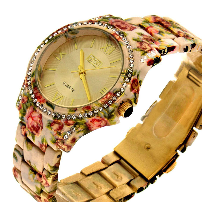 [Australia] - Eton Ladies Sunray Dial Crystal Bezel Cream Floral Bracelet Strap Watch 3250L 