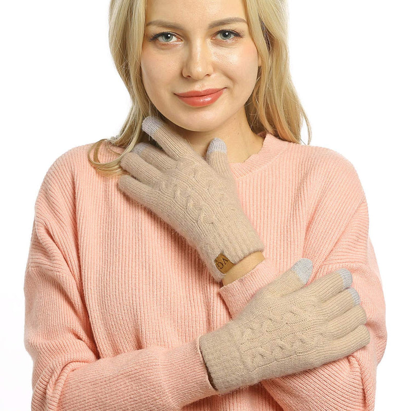 [Australia] - Women's Winter Warm Touch Screen Gloves Cable Knit Wool Fleece Lined Touchscreen Texting Mittens for Women Beige 1 