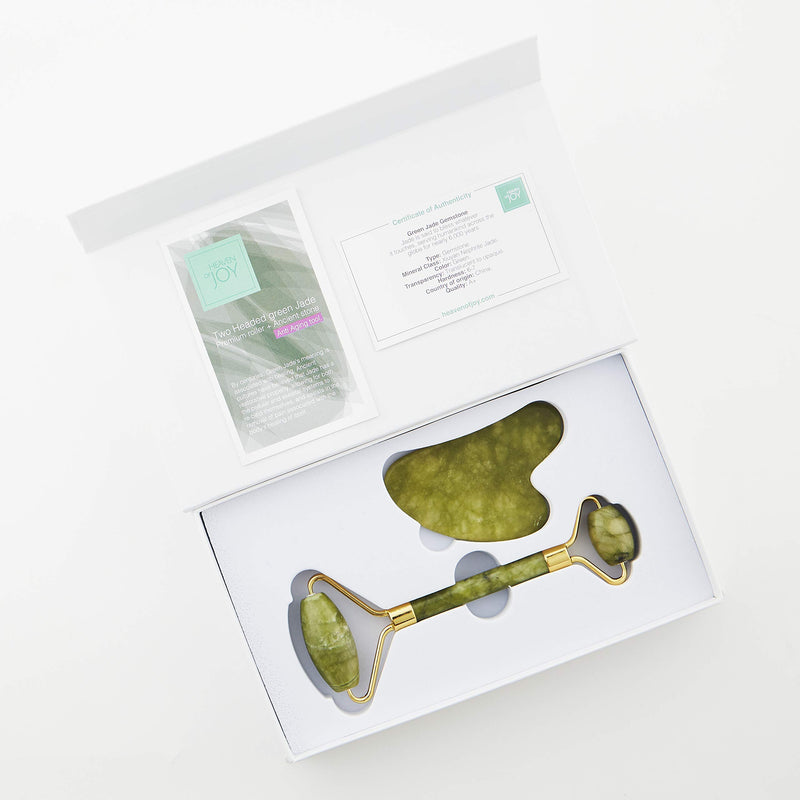 [Australia] - Heaven of Joy Authentic Natural Green Jade Stone Roller and Anti-Aging Gua Sha Set, Beauty Massager Tool for Deep Massages and Skin Rejuvenation 
