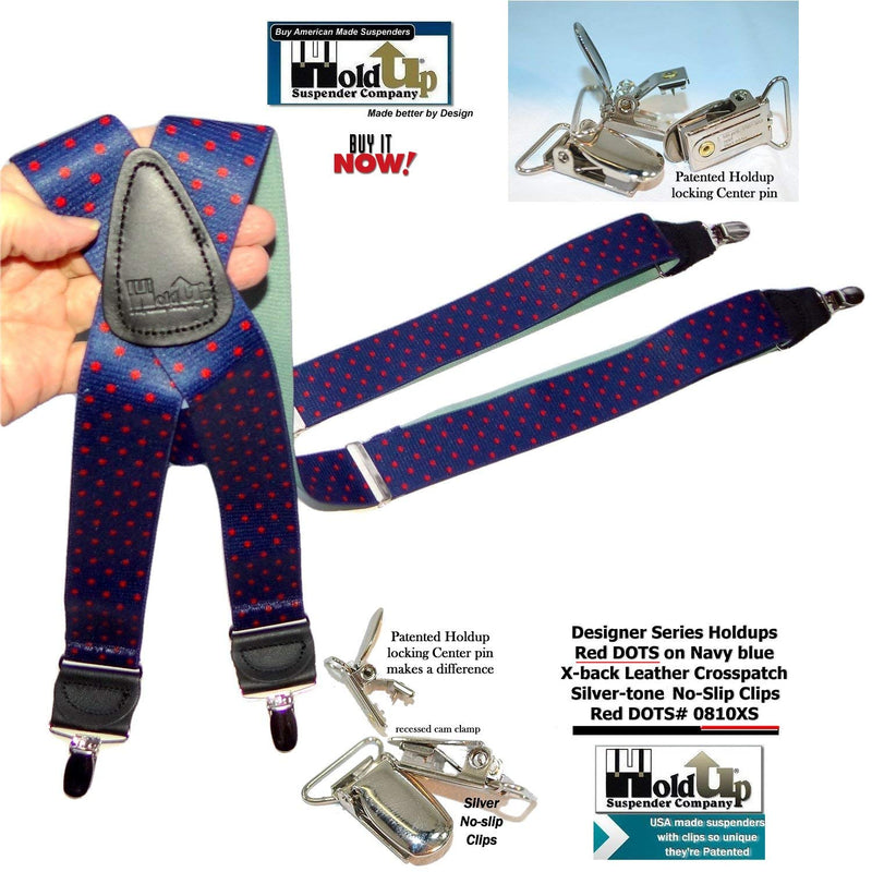 [Australia] - Holdup Designer Series Blue with Red Dot Pattern X-back Suspenders with Silver-tone No-slip Clips 