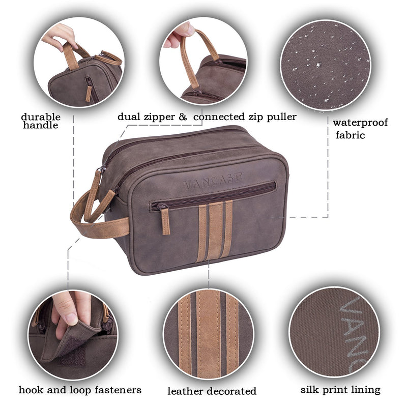 [Australia] - Travel Toiletry Bag for Men, Vancase Vintage Leather Dopp Kit, Large Waterproof Shaving bags, Portable Bathroom Shower Organizer Brown classic 