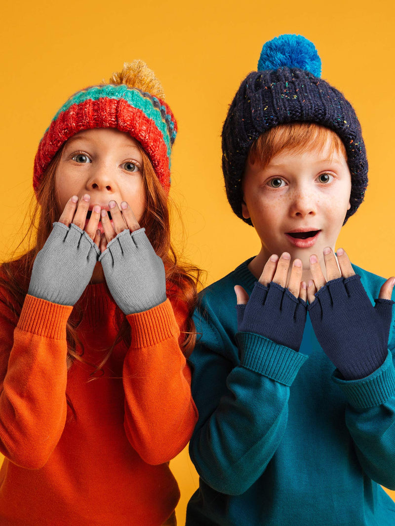 [Australia] - 4 Pairs Long Fingerless Gloves Knitted Arm Warmers Winter Long Half Finger Mittens for Kids Black+white+gray+navy Blue for 6-10 Years Old 