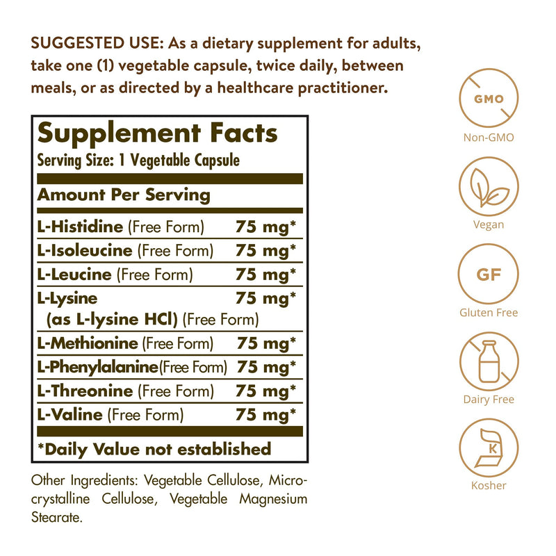 [Australia] - Solgar Essential Amino Complex, 90 Vegetable Capsules - Free Form Essential Amino Acids - Non-GMO, Vegan, Gluten Free, Dairy Free, Kosher - 90 Servings 