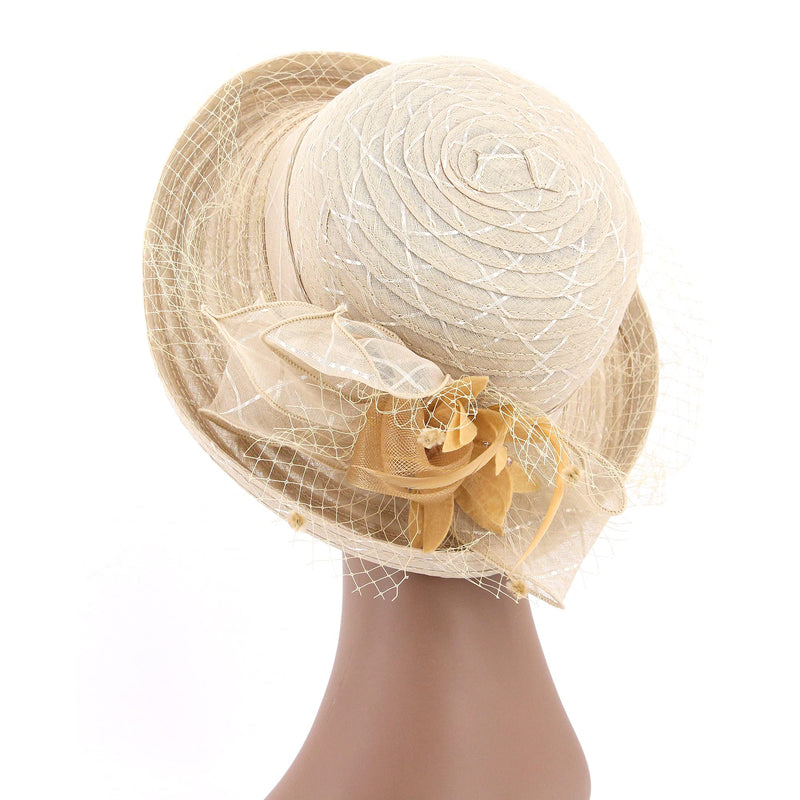 [Australia] - Haoohu Women's Kentucky Derby Hat Roll Brim with Veil Fascinator Cocktail Organza Bridal Dress Cap Veil-apricot 