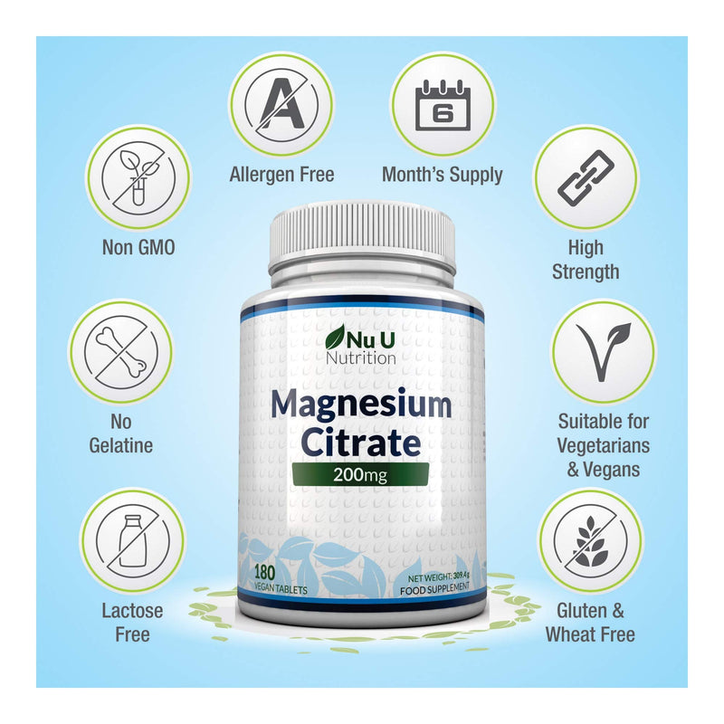 [Australia] - Magnesium Citrate 200mg | 180 Tablets for 6 Month Supply of Magnesium Tablets | Made in The UK by Nu U Nutrition 