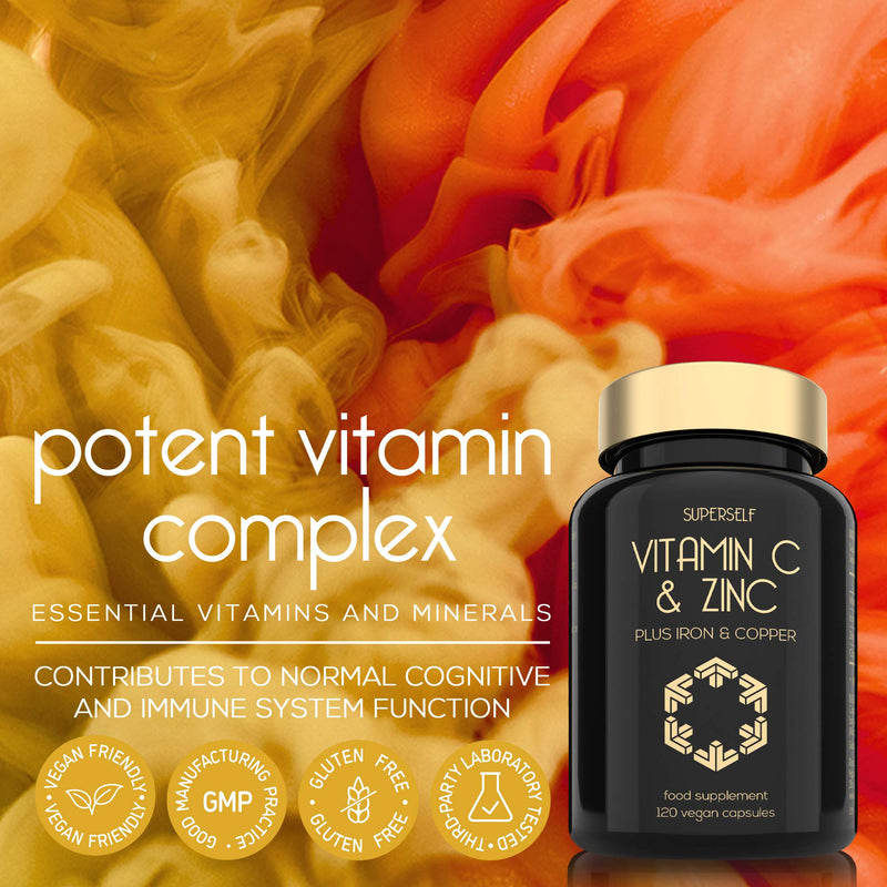 [Australia] - Vitamin C and Zinc Tablets - 1000mg Vitamin C Enhanced with Zinc, Iron, Copper - 120 Capsules - High Strength Immune System Complex - Vegan VIT C Supplement - Superior Absorption 