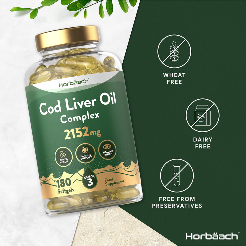 [Australia] - Cod Liver Oil Capsules 2152mg | High Strength Complex | 180 Count | with Garlic and Omega 3 Fatty Acids DHA/EPA | Immune, Vision, Bone and Muscle Support | by Horbaach 