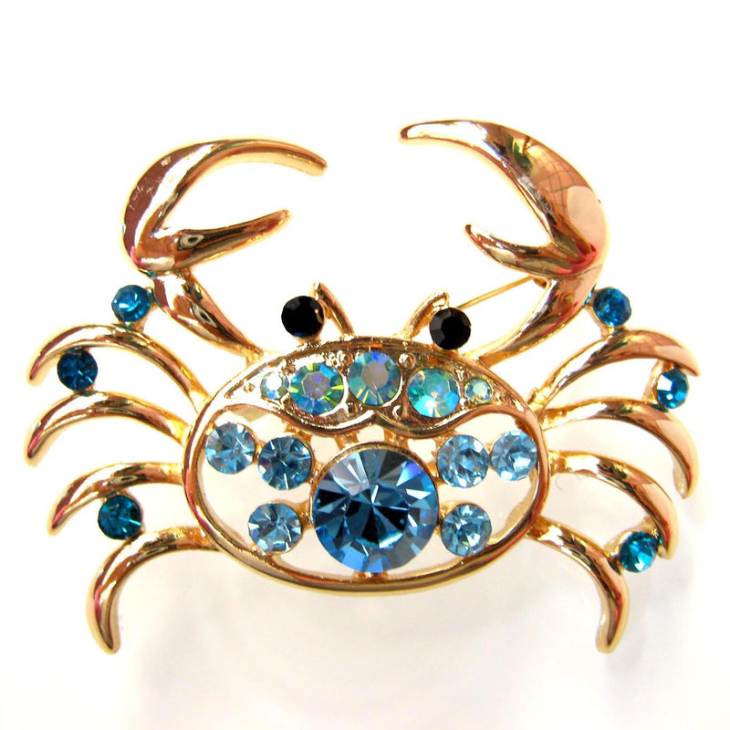 [Australia] - Navachi 18k Gold Plated Multi-Color Crystal Sea Crab Brooch Pin Blue 