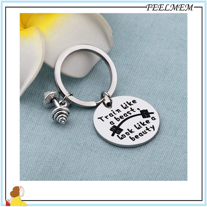 [Australia] - FEELMEM Workout Gift Fitness Gift Train Like a Beast Look Like a Beauty Sports Quotes Bodybuilding Keychain Gift for Bodybuilder Personal Trainer Silver 