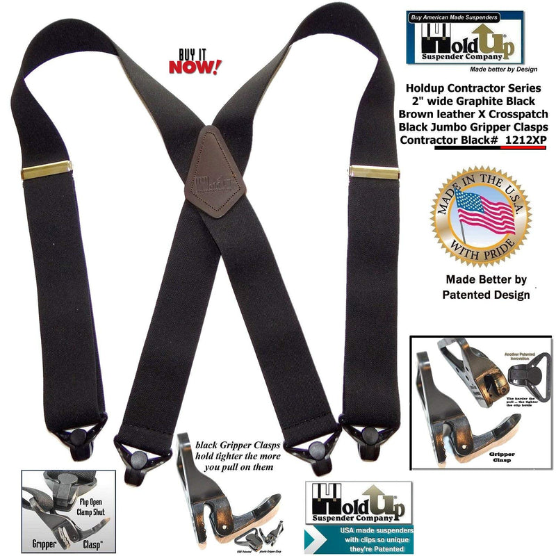 [Australia] - Holdup X-back Heavy Duty 2" Wide Graphite Black Suspenders with Patented jumbo Gripper Clasps 