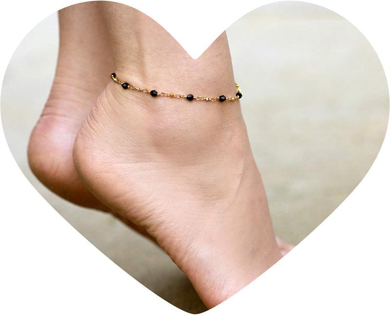 [Australia] - Lifetime Jewelry Ankle Bracelet [ 24k Gold Plated Chain with Diamond Shaped Black Stones ] Durable Anklets for Women Teens & Girls - Cute Gold Anklet Bracelets 9.0 Inches 