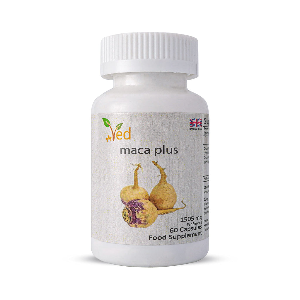 [Australia] - Ved Organic Maca Root Black, Red, Yellow 1505 mg per Serving 60 Capsules Peruvian Maca Root Gelatinized 100% Pure Non-GMO Supports Reproductive Health Natural Energizer (30 Days Supply). 