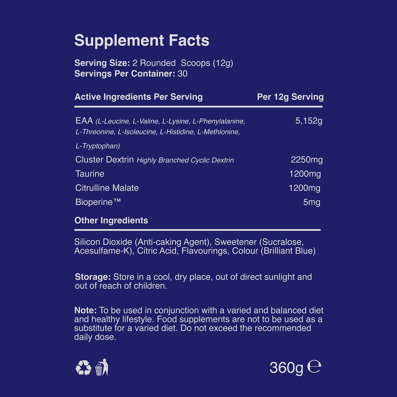 [Australia] - Warrior, EAA - Essential Amino Acids - 360g - Provides Exceptional Support for Recovery & Muscle Soreness - Formula Cyclic Dextrin, Taurine and More, Blue Raspberry 360 g (Pack of 1) 